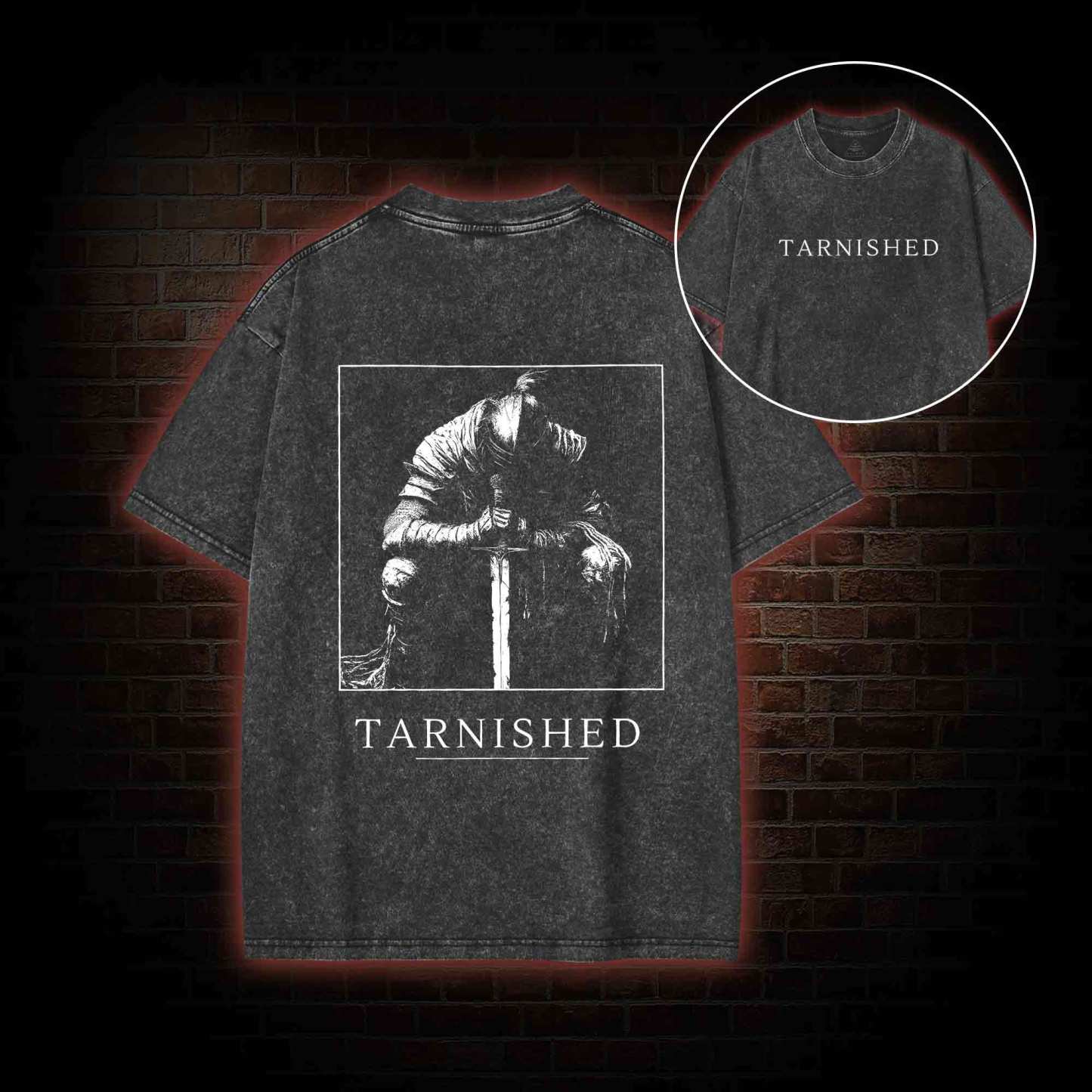 Dark Knight With Sword Back Print Washed T-shirt