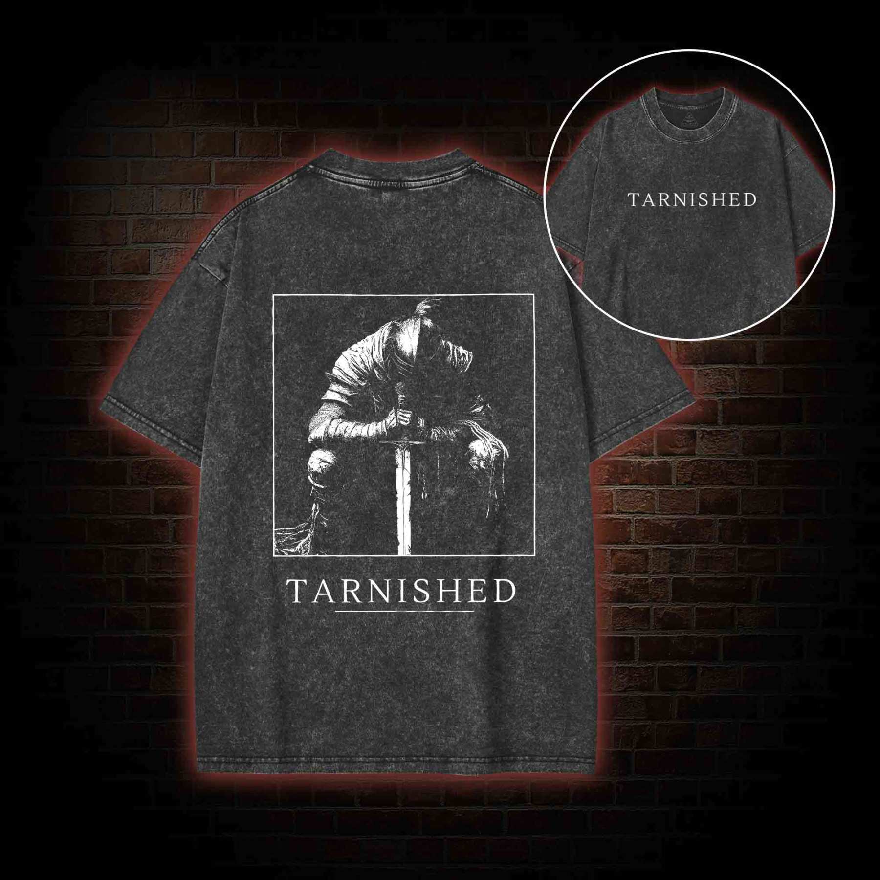 Dark Knight With Sword Back Print Washed T-shirt