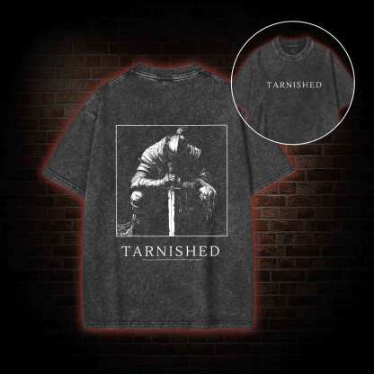 Dark Knight With Sword Back Print Washed T-shirt