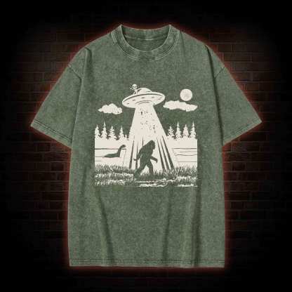 Bigfoot Sasquatch Alien UFO Loch Ness Monster Washed T-shirt