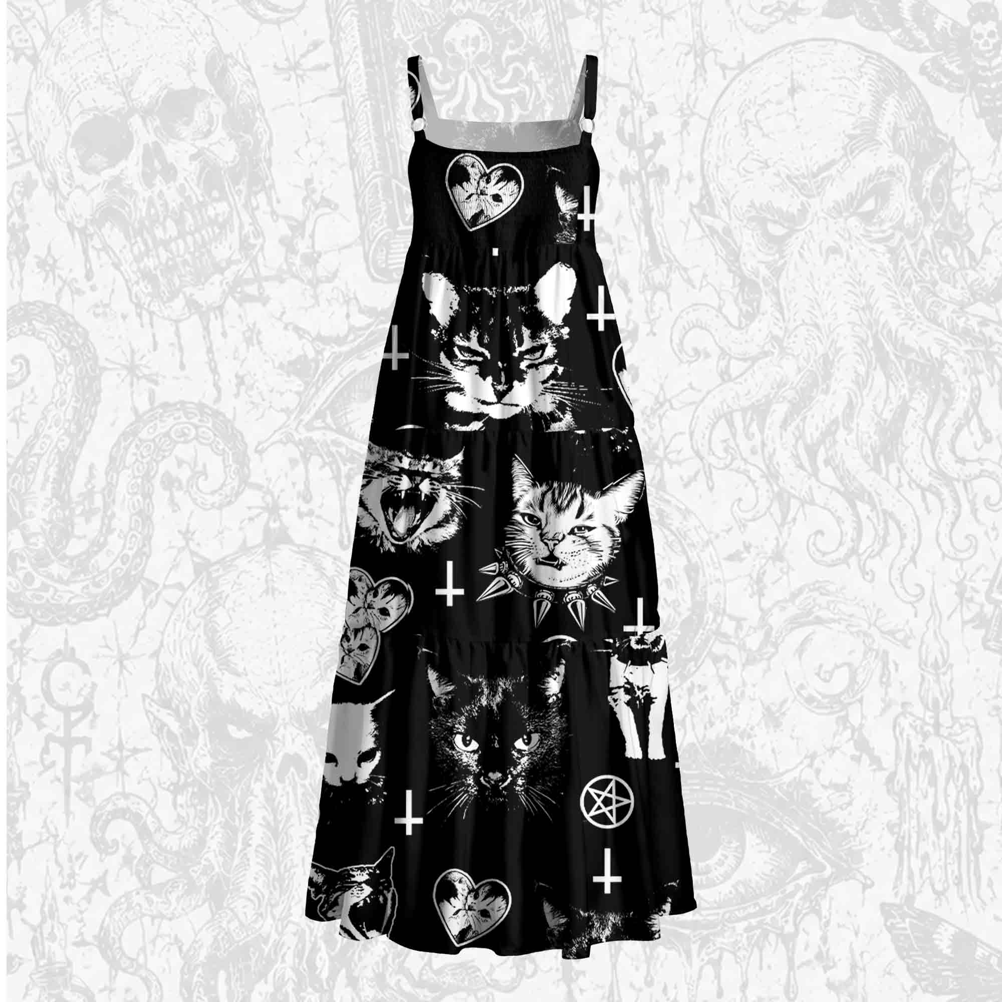 Angry Cat Punk Wide Straps Maxi Dress