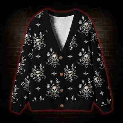 Skull Rose Noir Cardigan Sweater