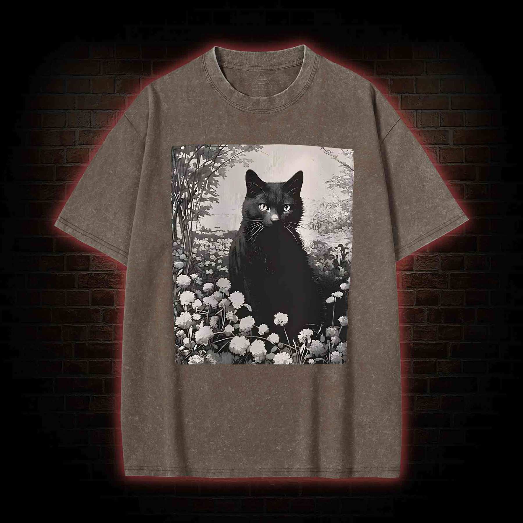 Black Cat in Garden Washed T-shirt