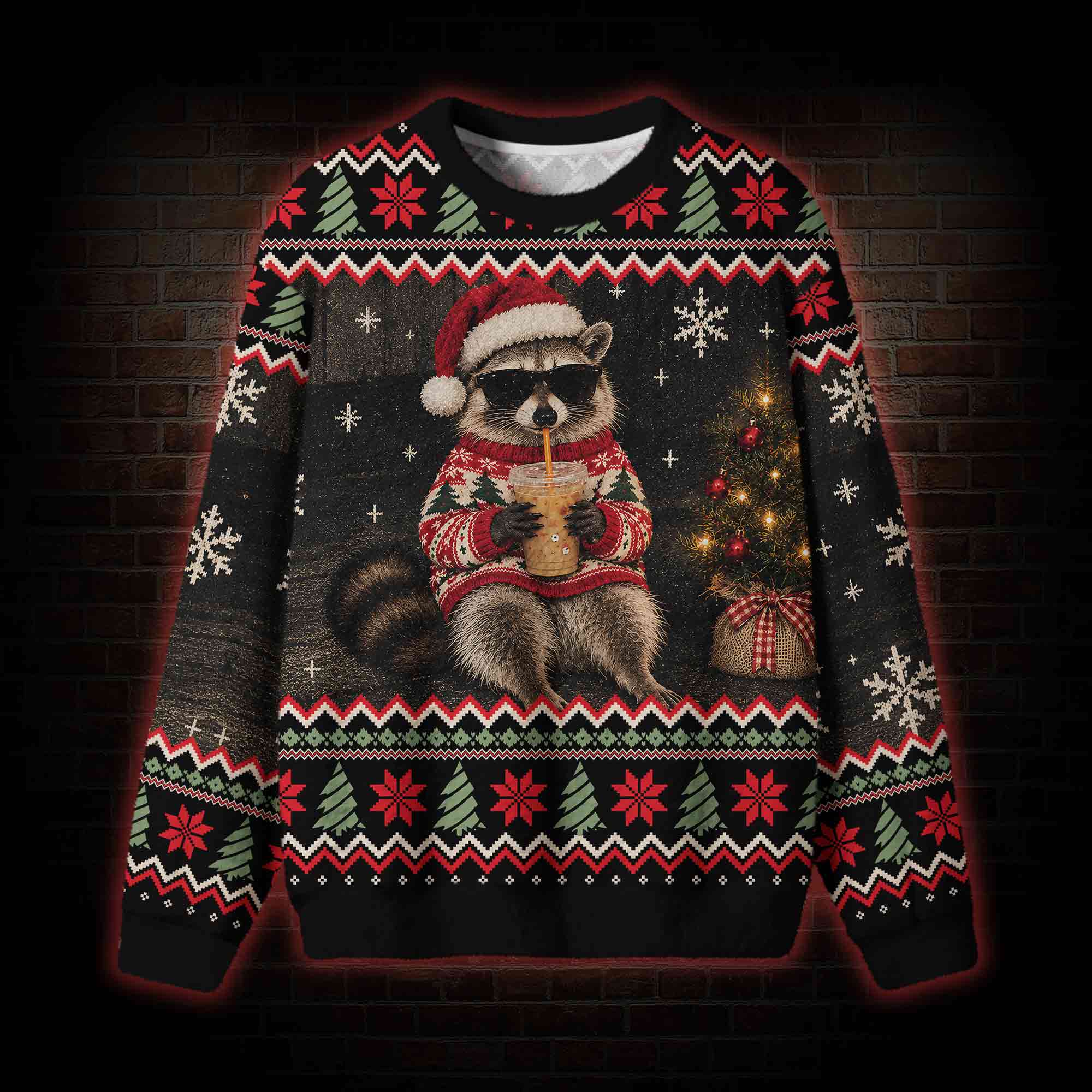 Festive Raccoon  drinks beverage Ugly Sweatshirts