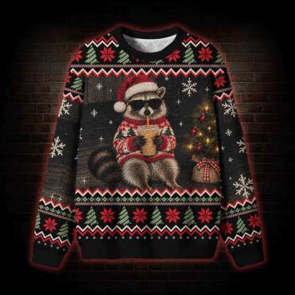 Festive Raccoon  drinks beverage Ugly Sweatshirts