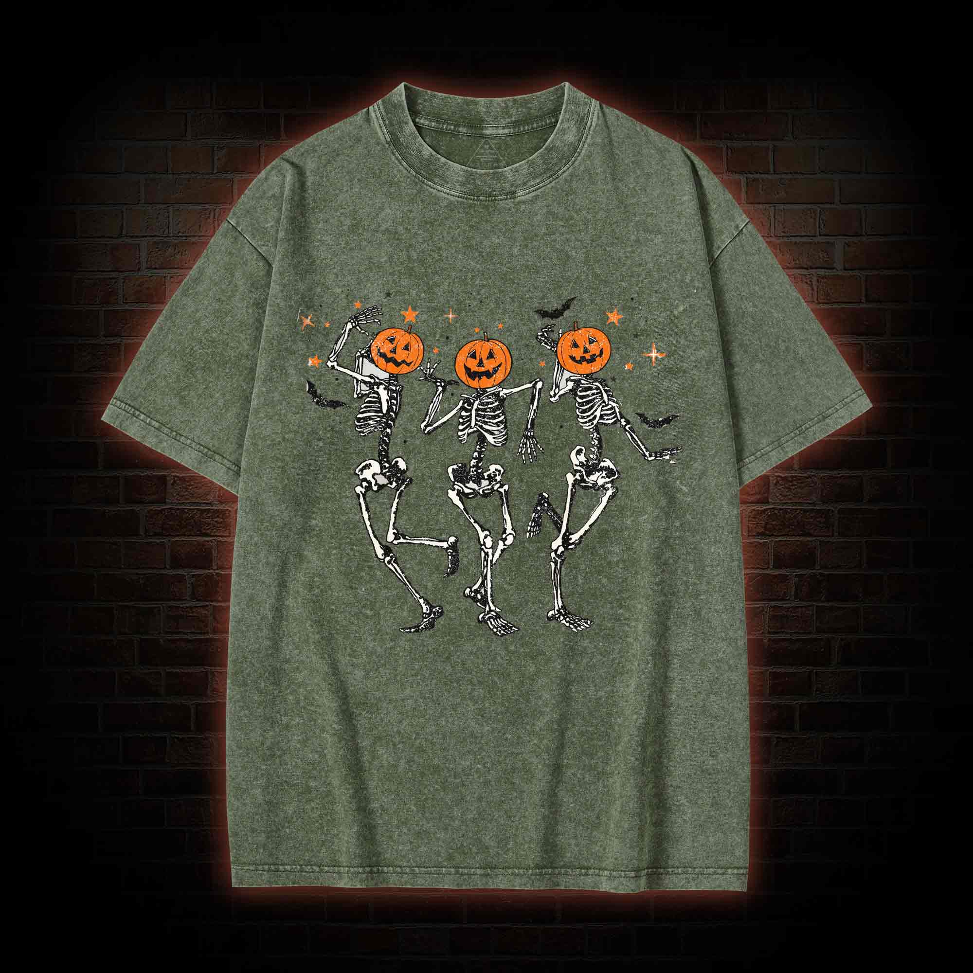  Retro Halloween Dancing Skeletons Washed T-shirt