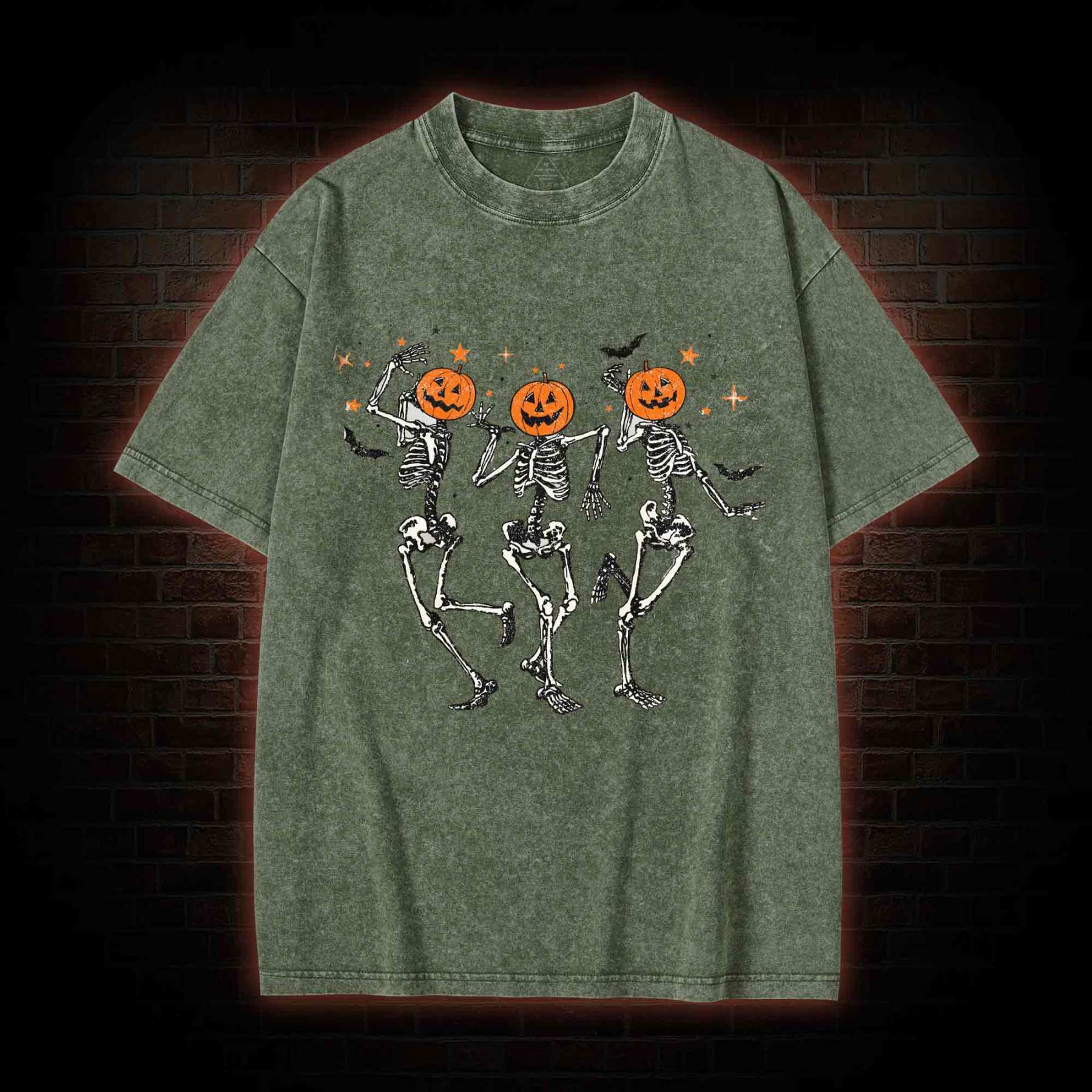  Retro Halloween Dancing Skeletons Washed T-shirt