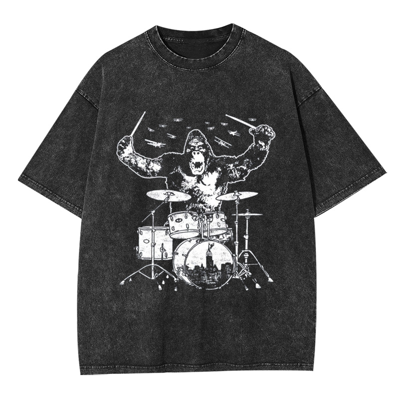 King Kong Playing Drums T-Shirt Washed T-shirt