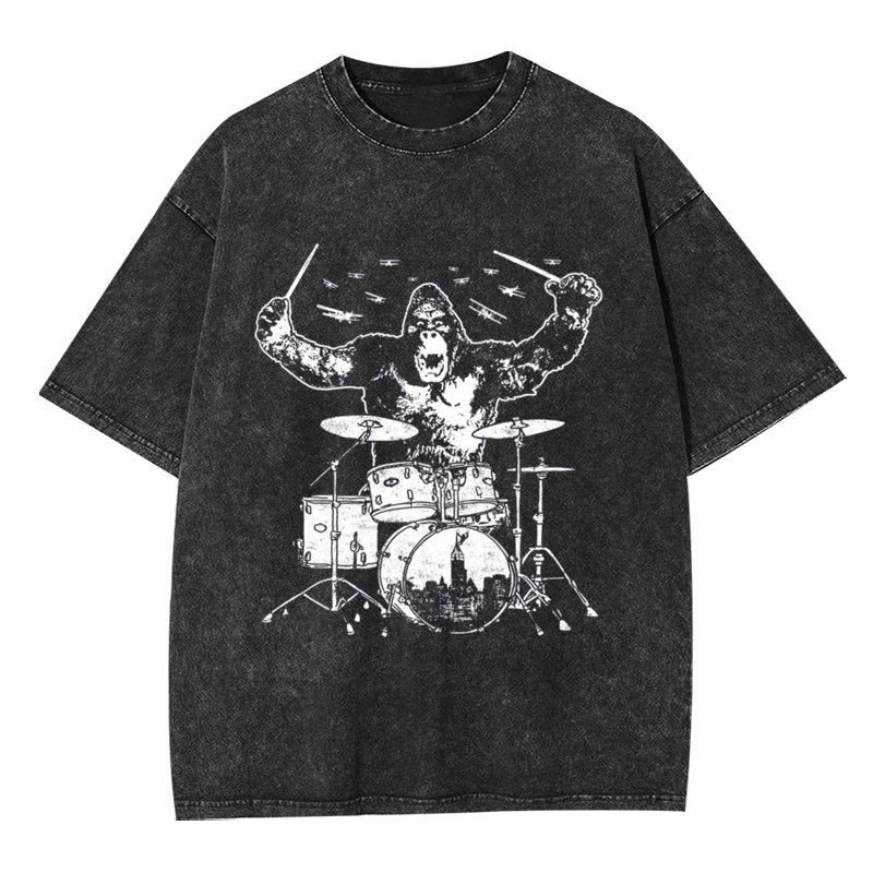 King Kong Playing Drums T-Shirt Washed T-shirt