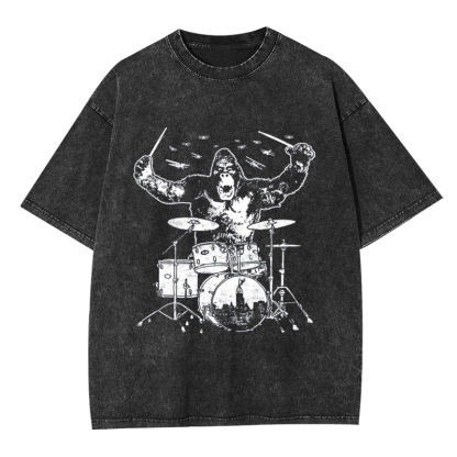King Kong Playing Drums T-Shirt Washed T-shirt