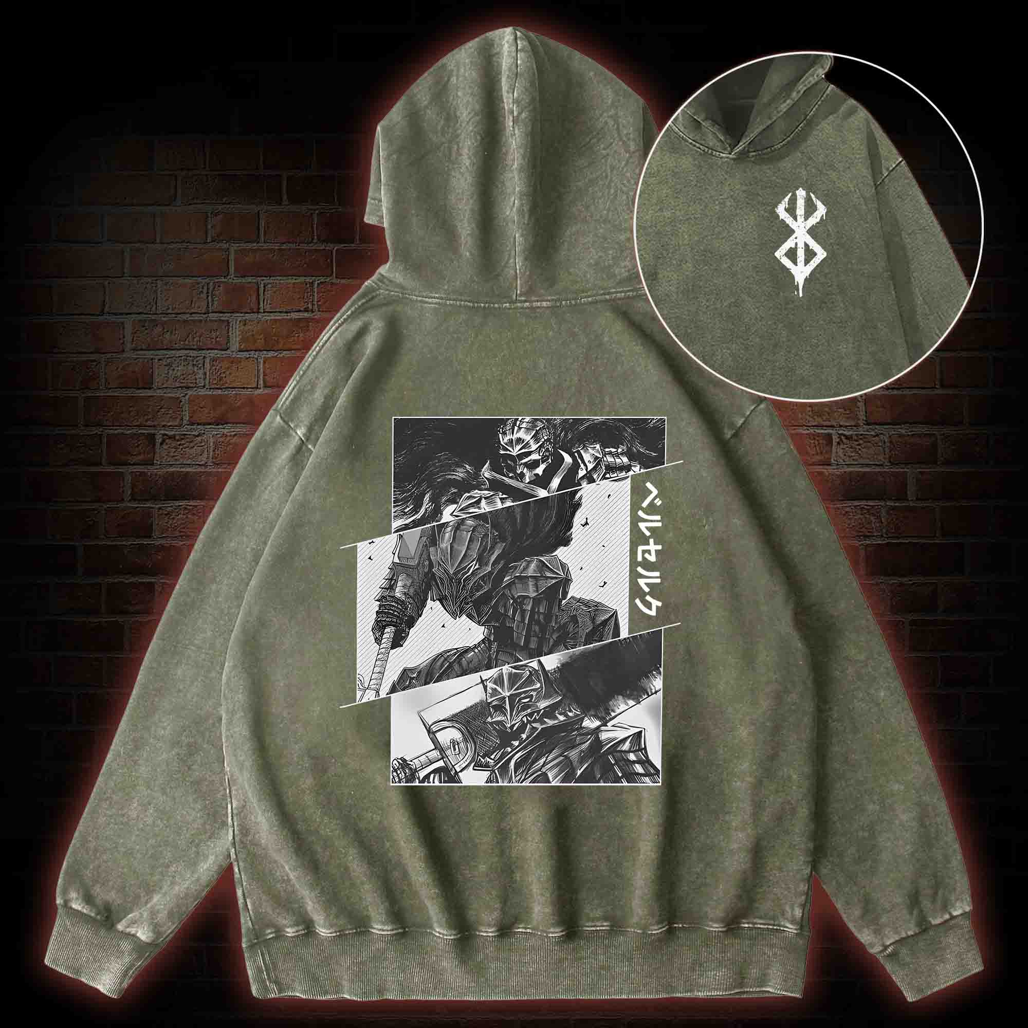 Black Swordsman Back Print Washed Hoodie