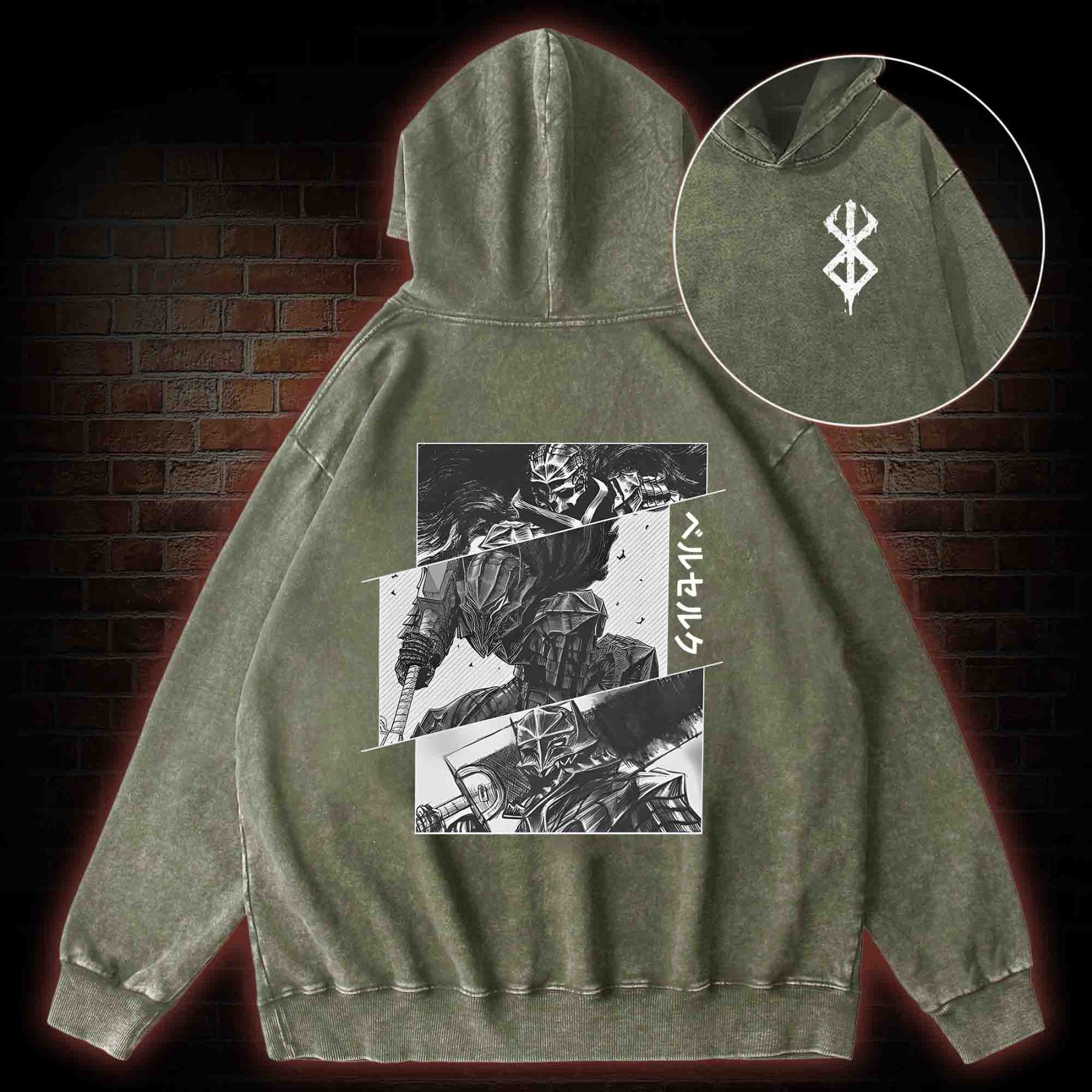 Black Swordsman Back Print Washed Hoodie