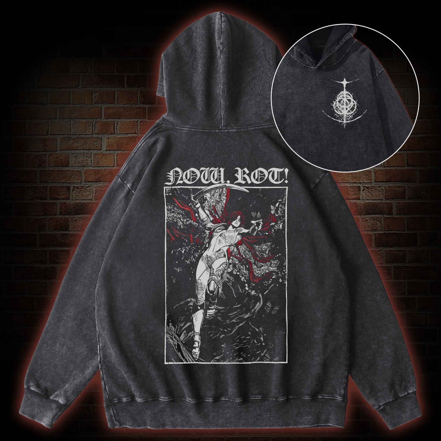 Now Rot Back Print Washed Hoodie