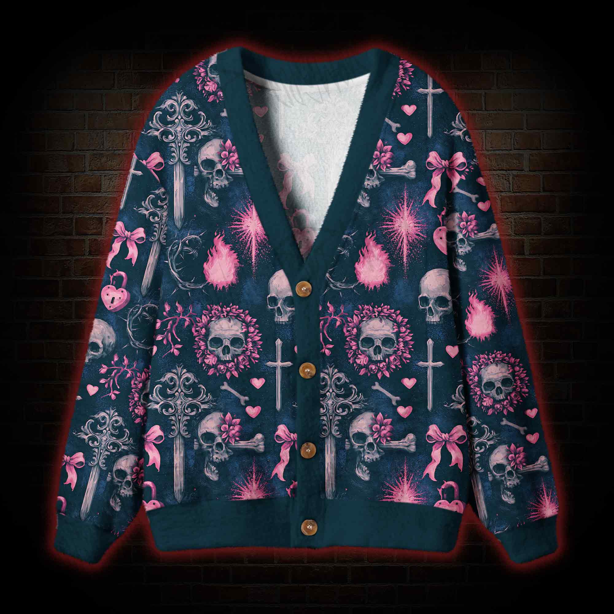 Pink Skull Relics Cardigan Sweater