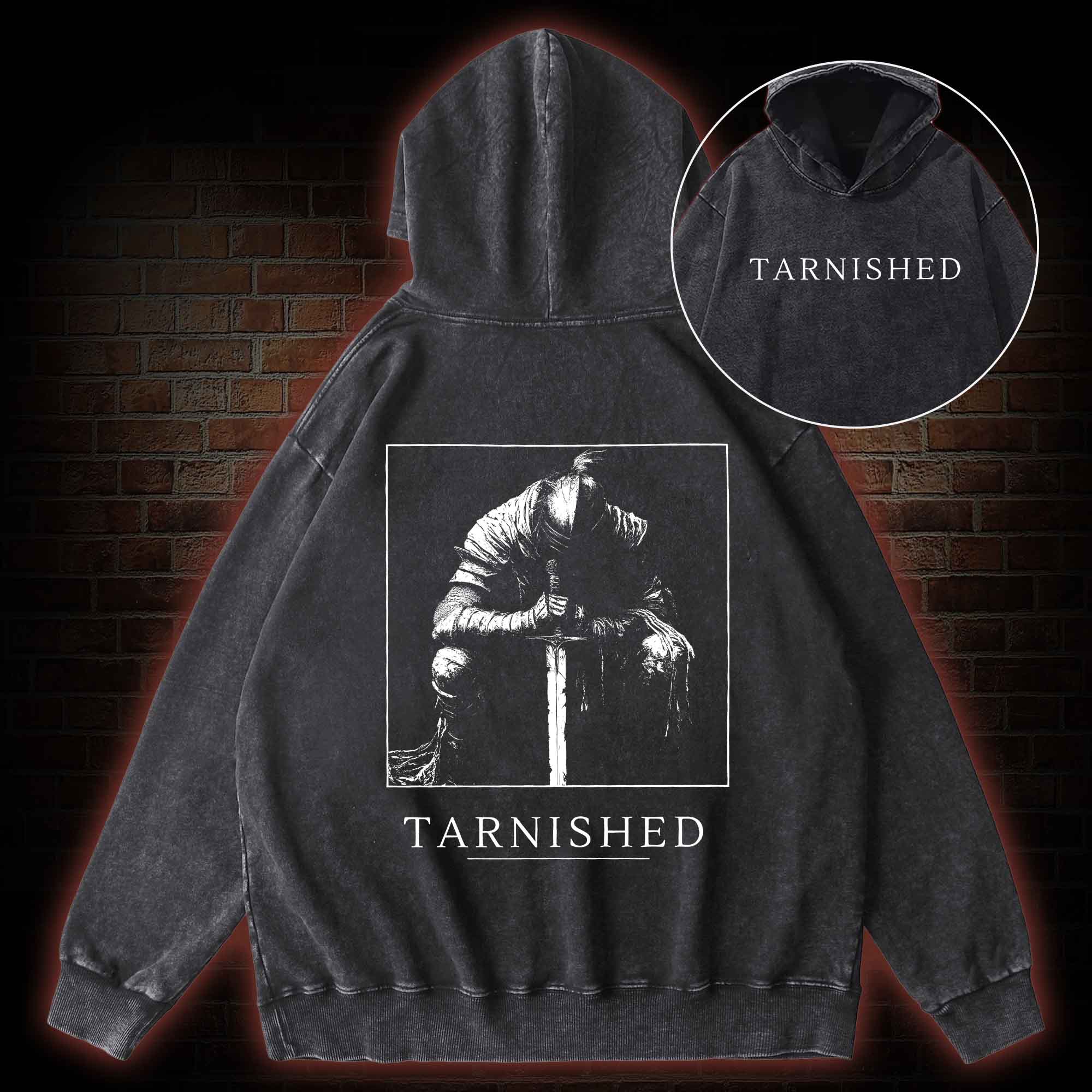 Dark Knight With Sword Back Print Washed Hoodie