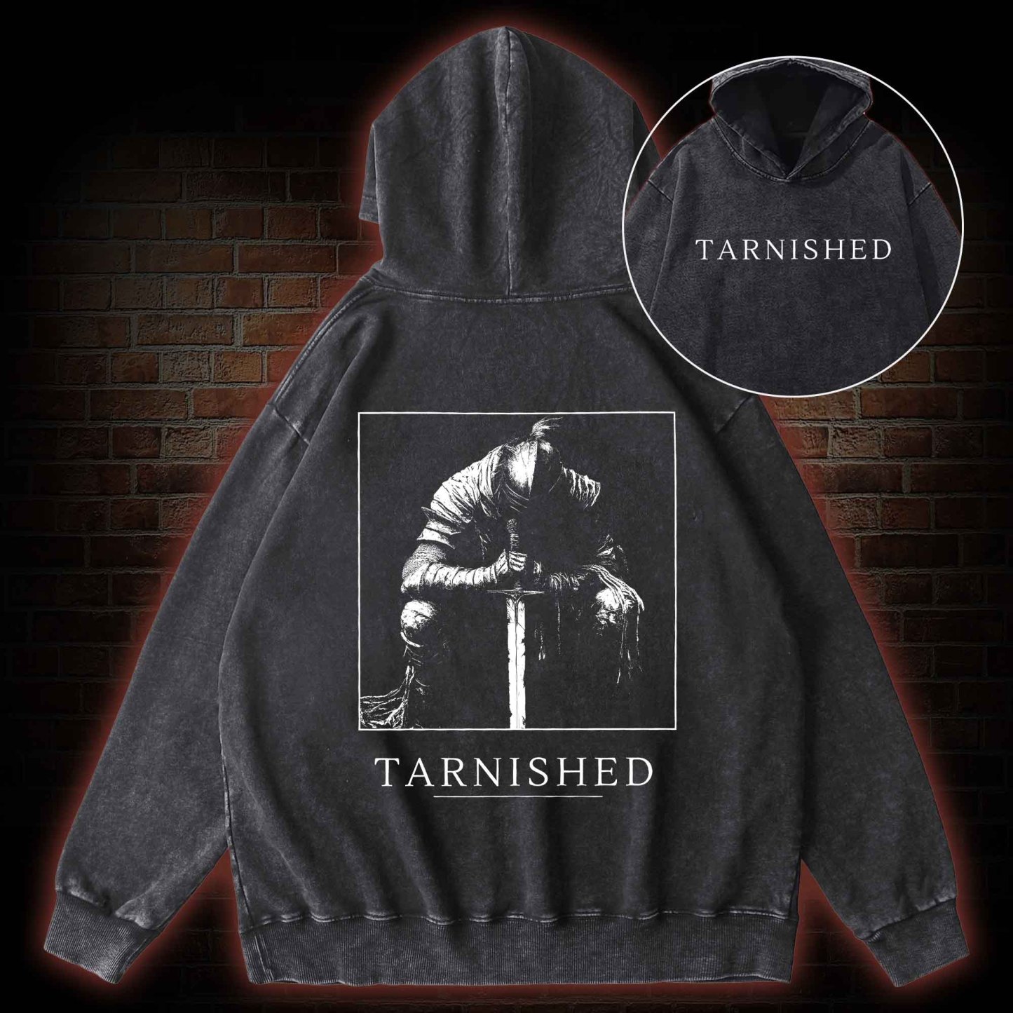 Dark Knight With Sword Back Print Washed Hoodie