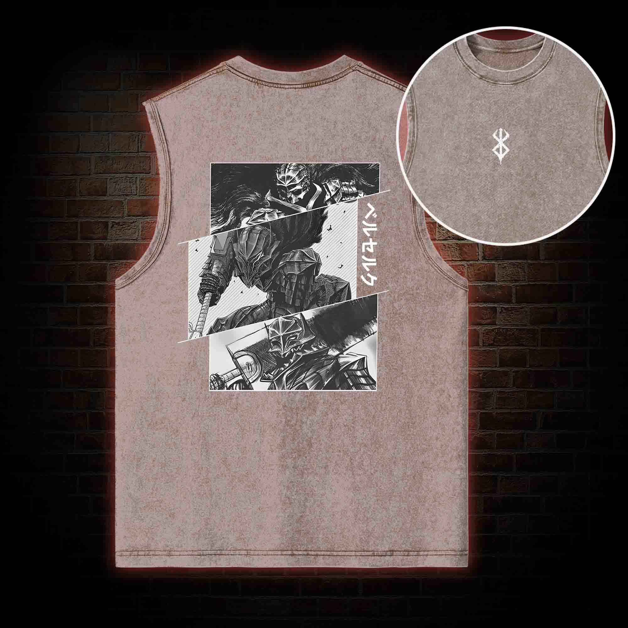 Black Swordsman Back Print Washed Tank Top