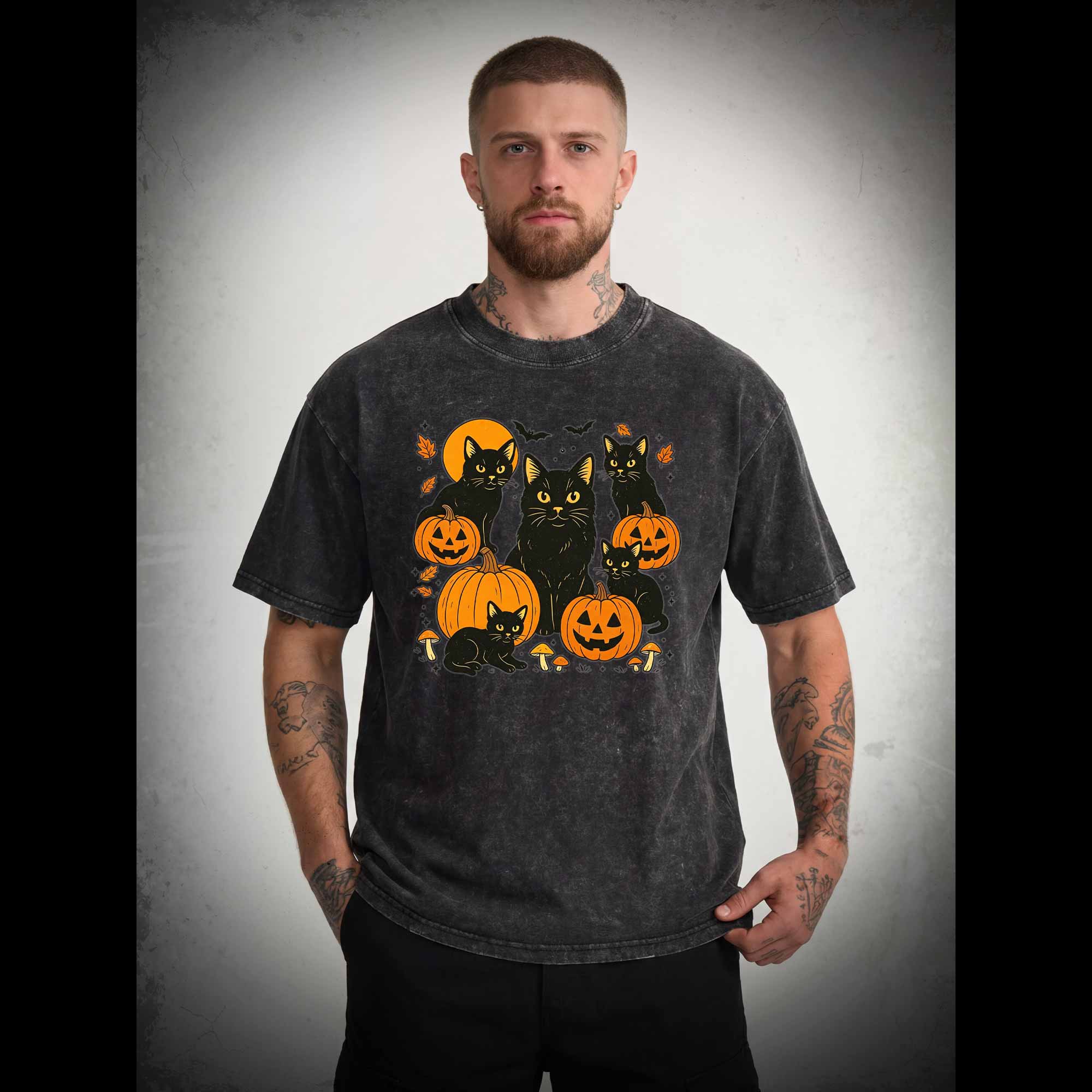 Black Cat & Pumpkins Washed T-shirt