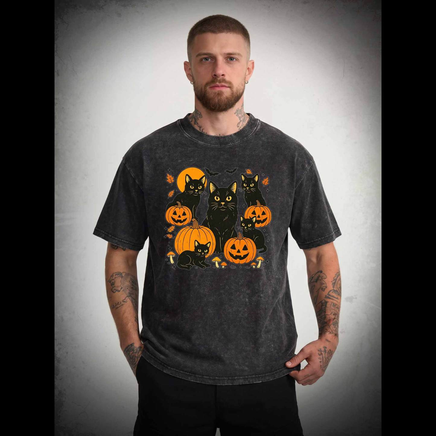 Black Cat & Pumpkins Washed T-shirt