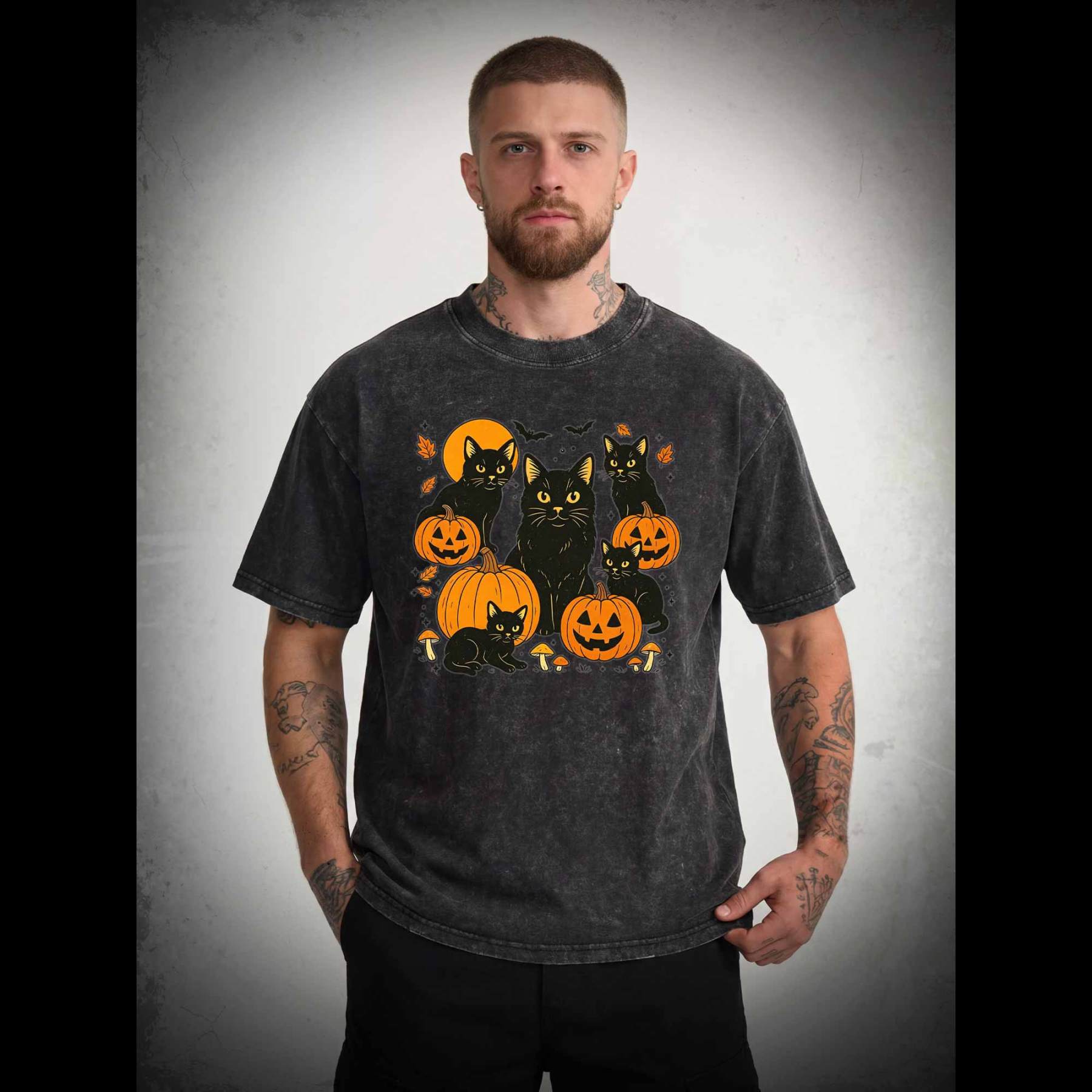 Black Cat & Pumpkins Washed T-shirt