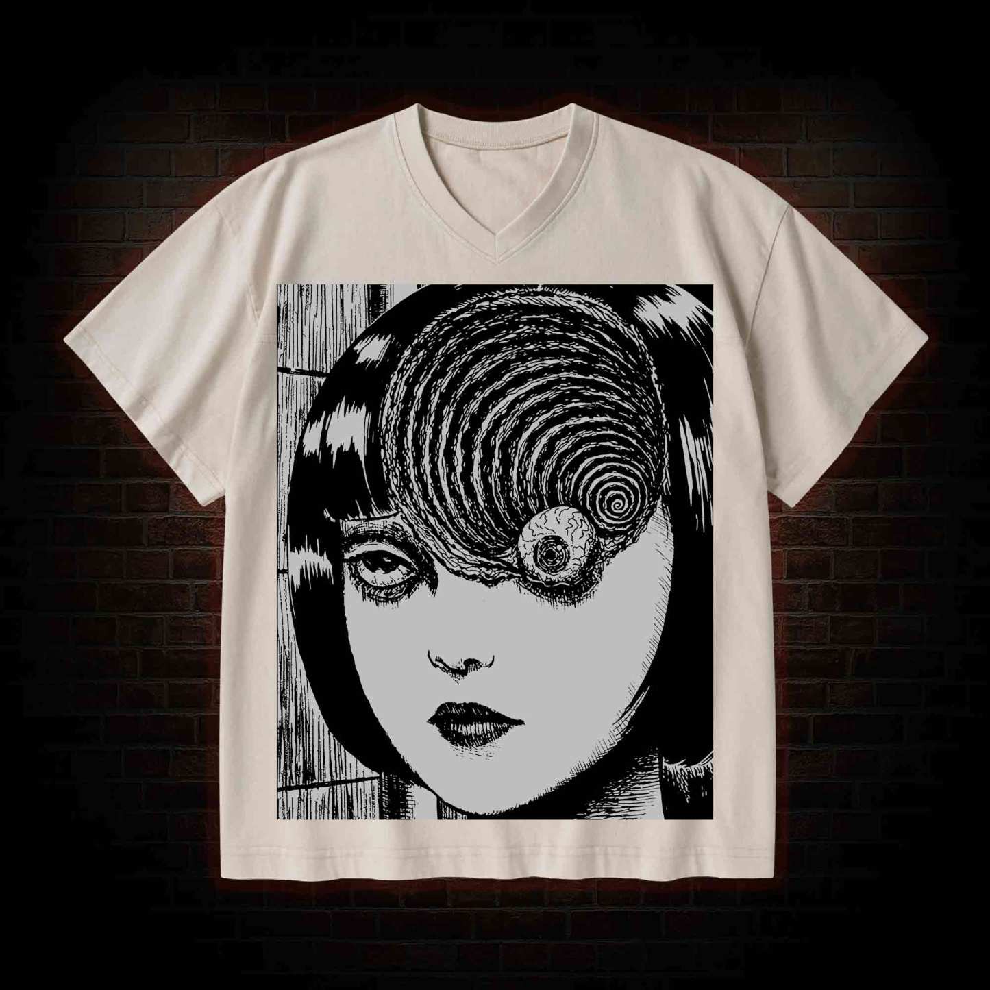 Horror Eyeball V-Neck Streetwear Washed T-shirt