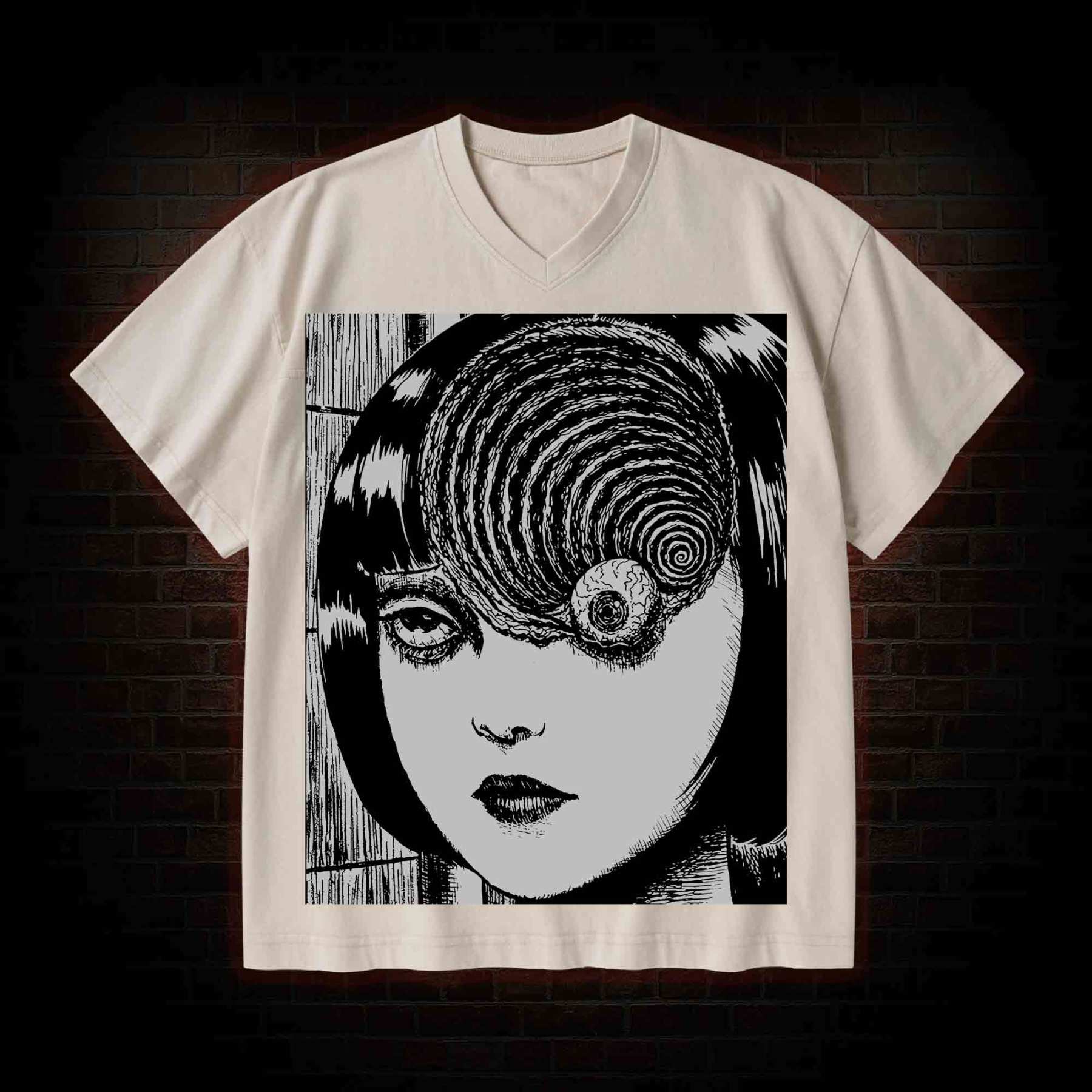 Horror Eyeball V-Neck Streetwear Washed T-shirt