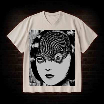Horror Eyeball V-Neck Streetwear Washed T-shirt