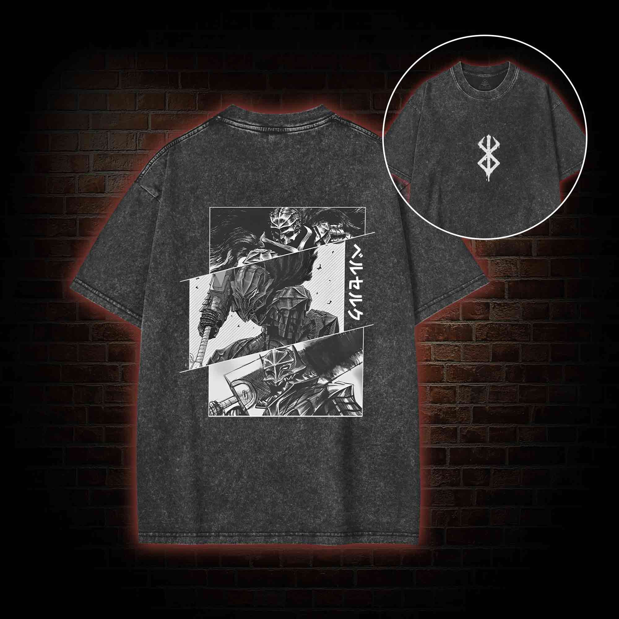 Black Swordsman Back Print Washed T-shirt