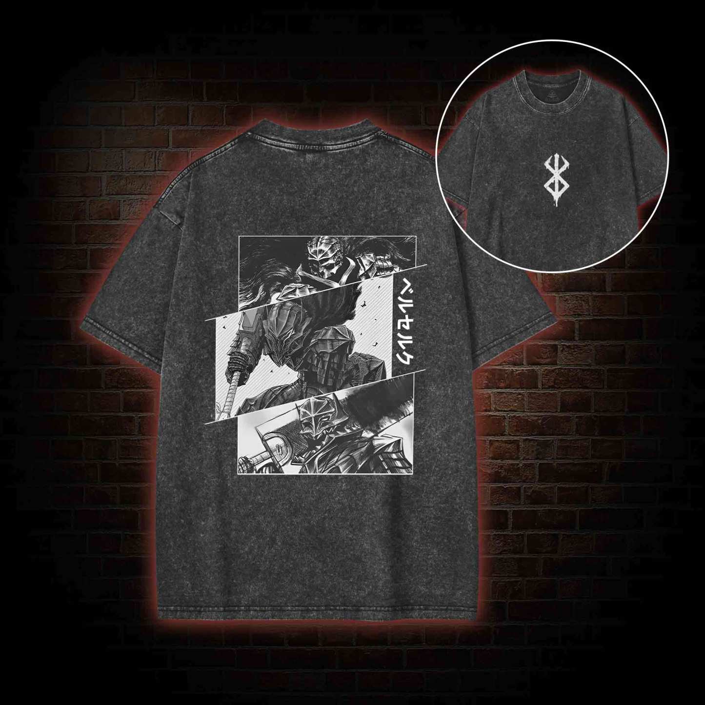 Black Swordsman Back Print Washed T-shirt