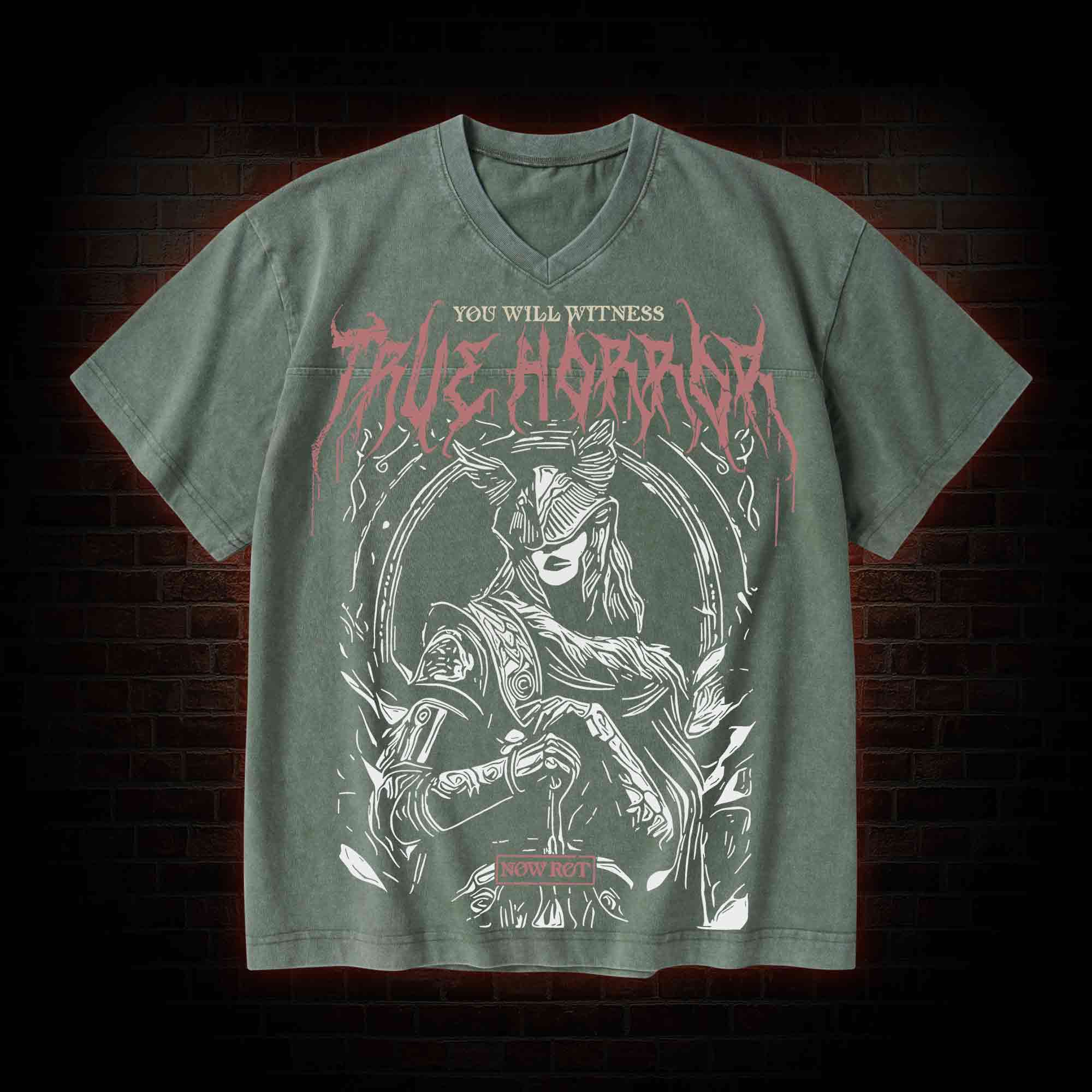 True Horror V-Neck Streetwear Washed T-shirt