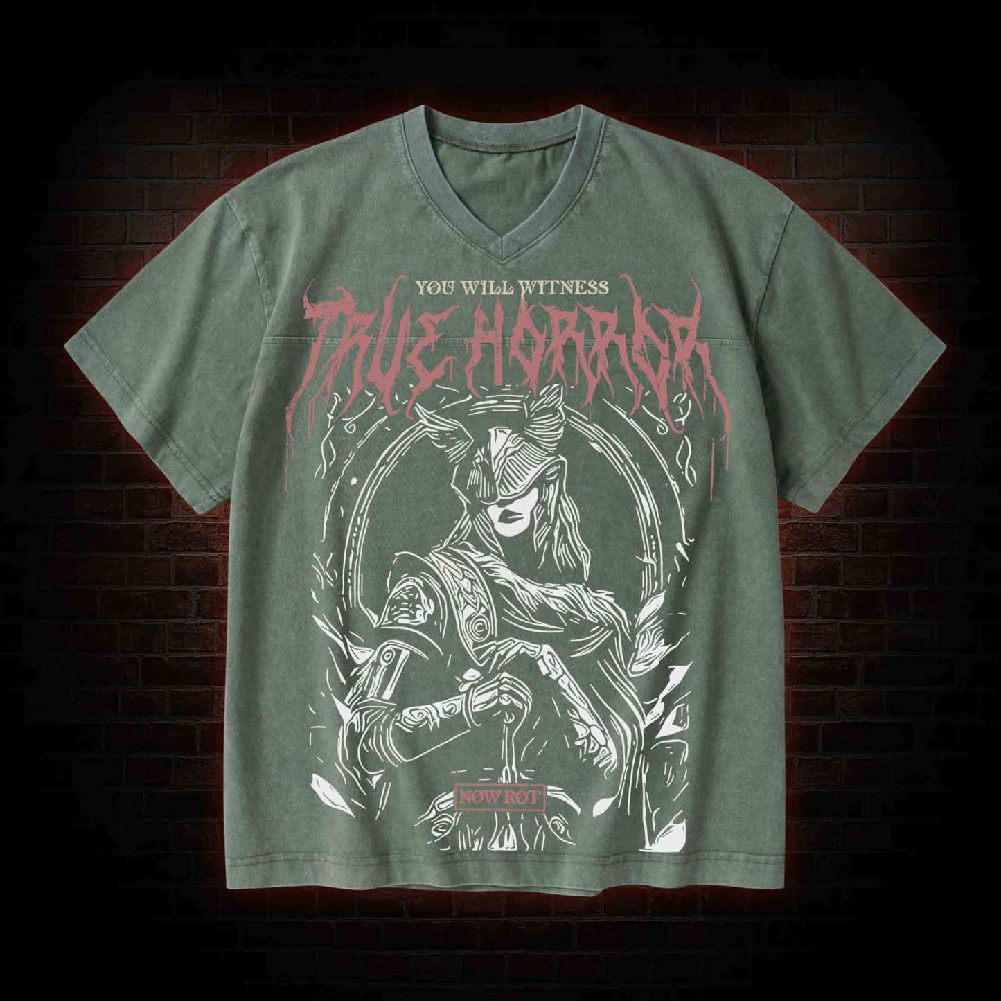 True Horror V-Neck Streetwear Washed T-shirt
