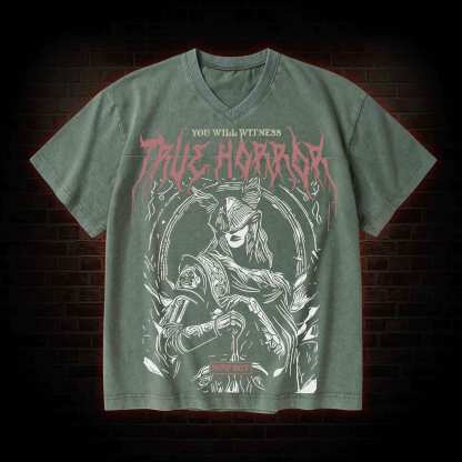 True Horror V-Neck Streetwear Washed T-shirt