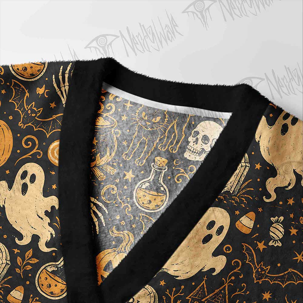 Spooky Ghost Black Cat Cardigan Sweater