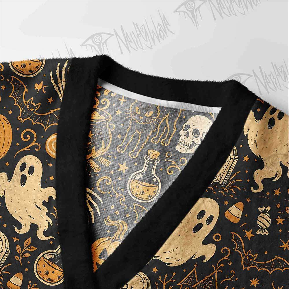 Spooky Ghost Black Cat Cardigan Sweater