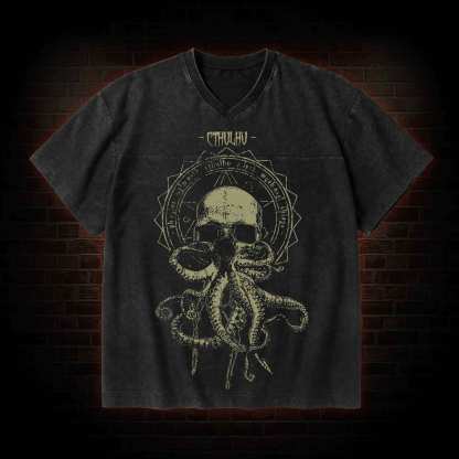 Call of Cthulhu Horror V-Neck Streetwear Washed T-shirt