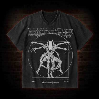 Alien V-Neck Streetwear Washed T-shirt