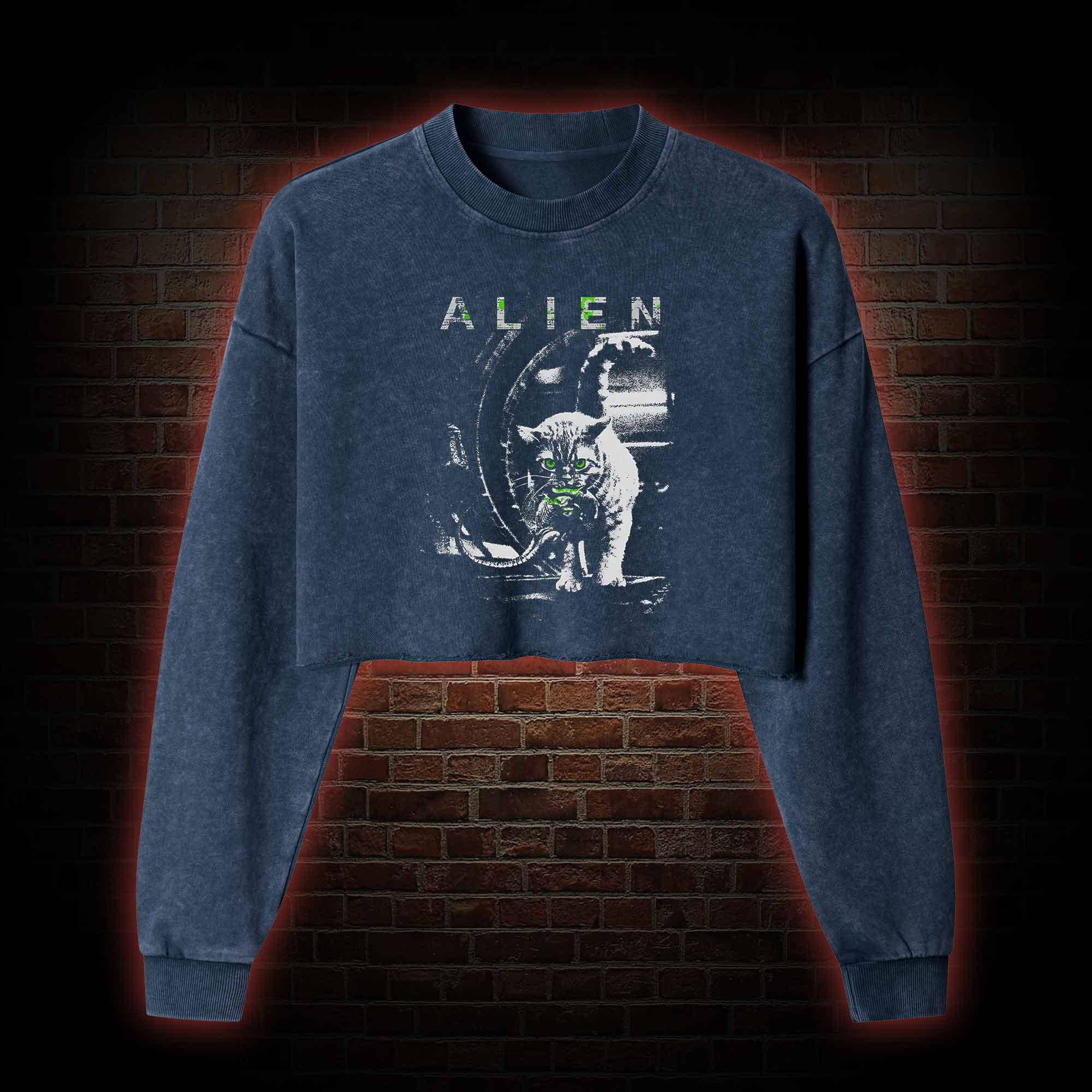 Alien Cat Washed Cropped Sweatshirts