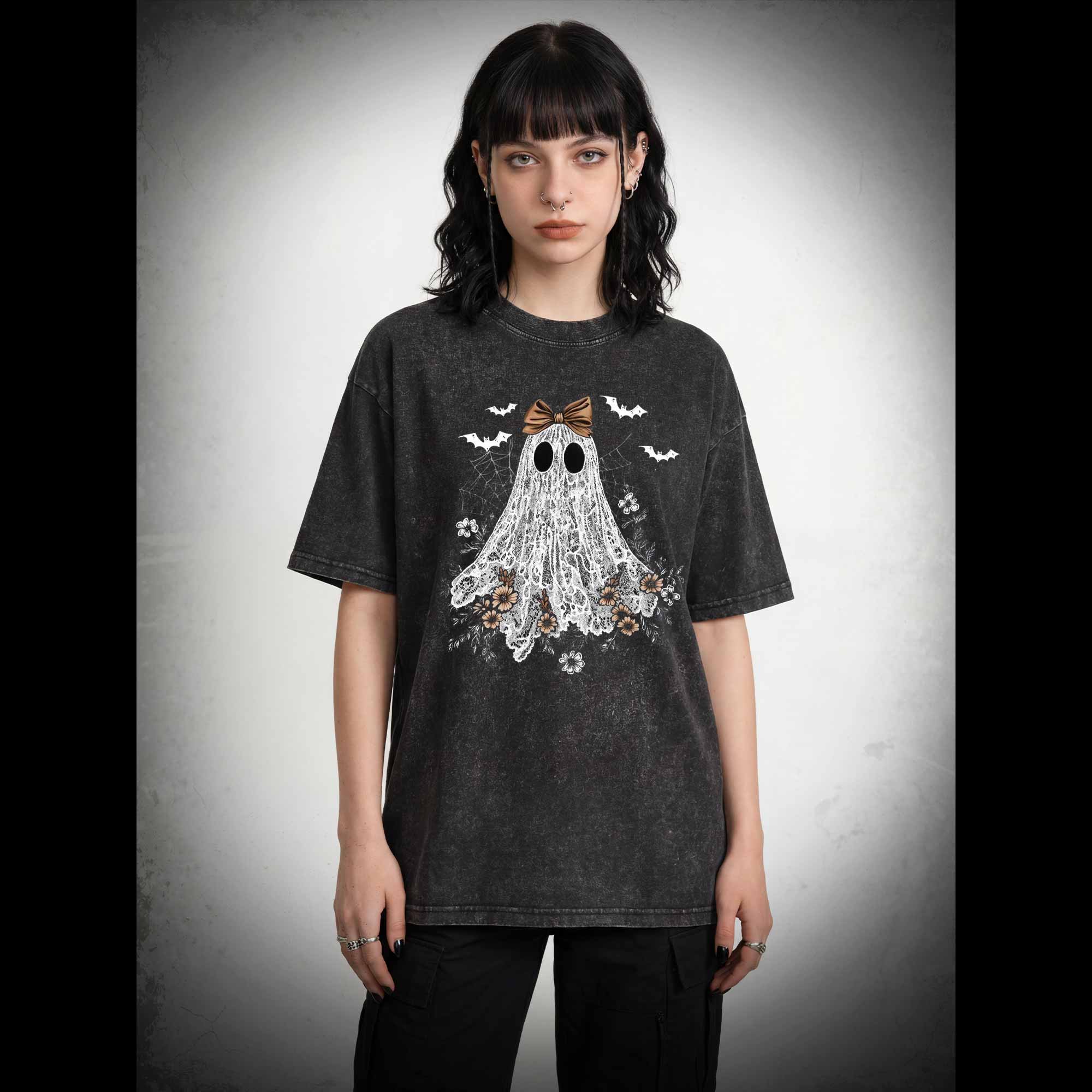 Floral Cute Halloween Ghost Washed T-shirt