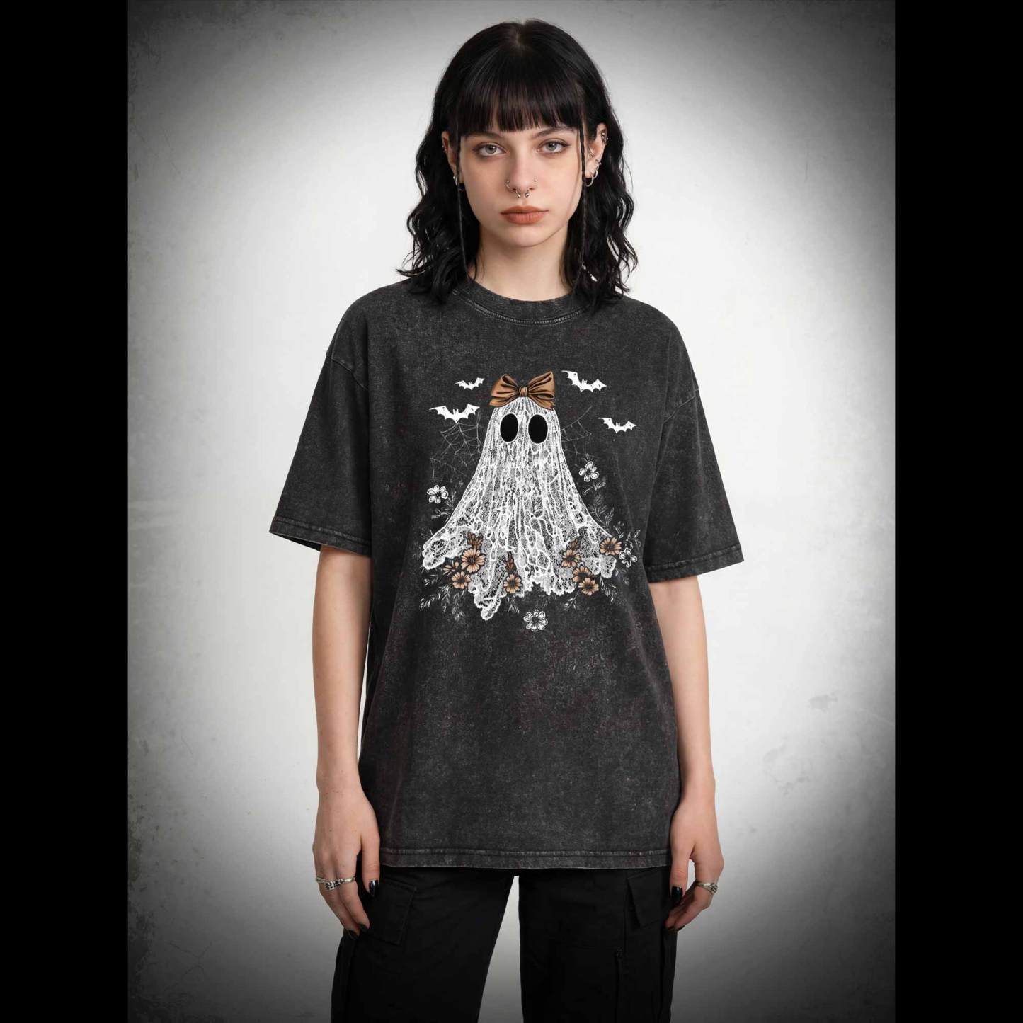 Floral Cute Halloween Ghost Washed T-shirt