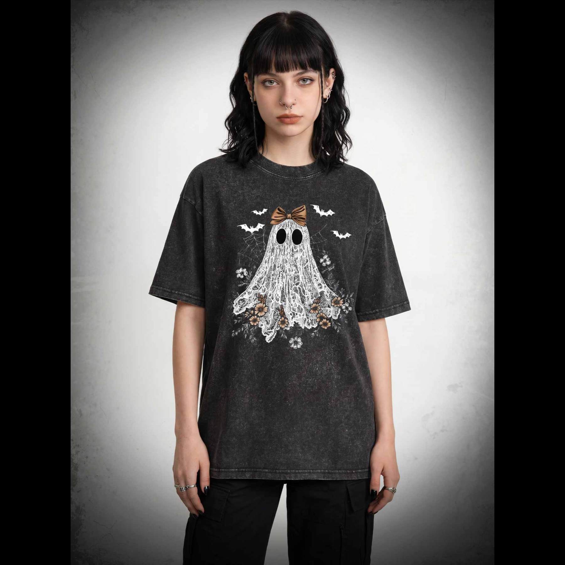 Floral Cute Halloween Ghost Washed T-shirt
