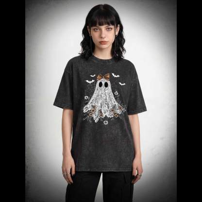 Floral Cute Halloween Ghost Washed T-shirt