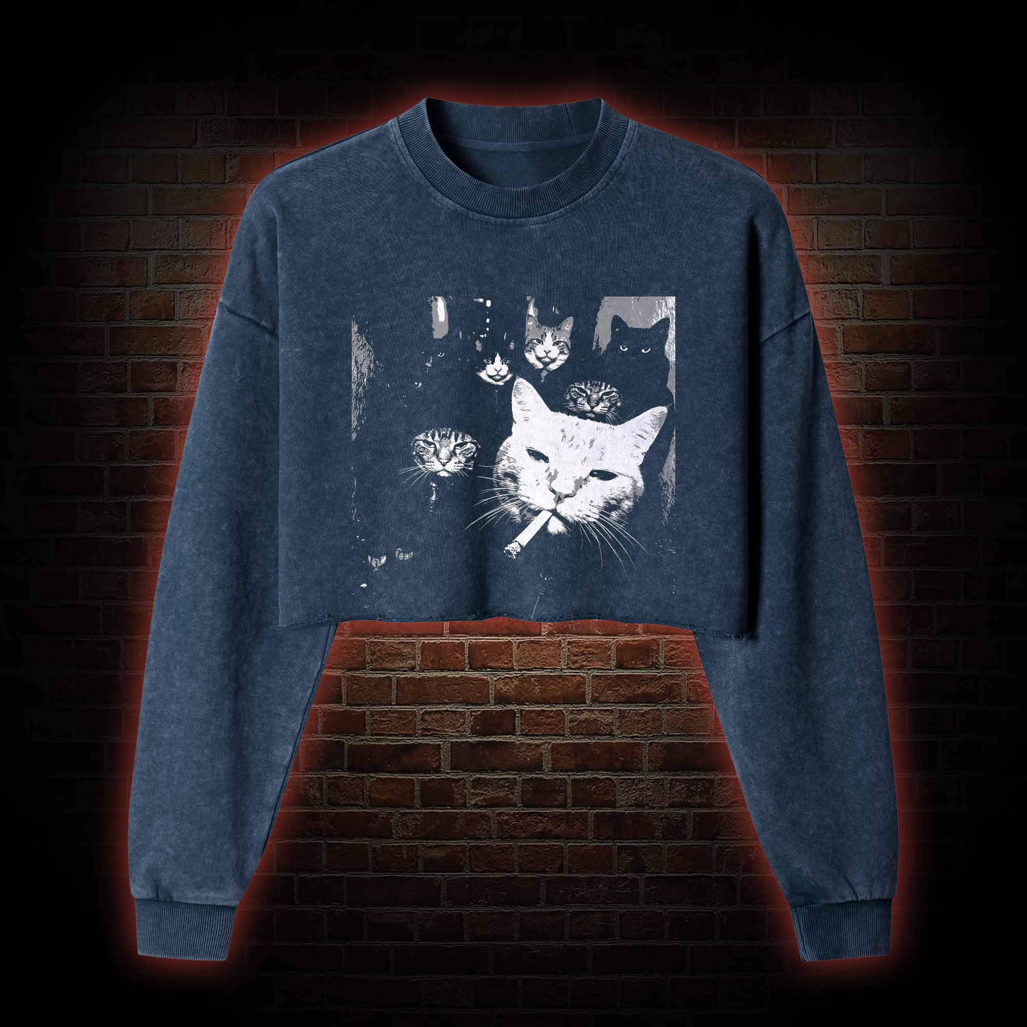 Gangster Cat Washed Cropped Sweatshirts