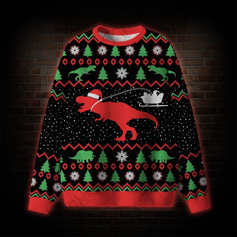 Dinosaur Santa Sleigh Holiday Party Ugly Sweatshirts