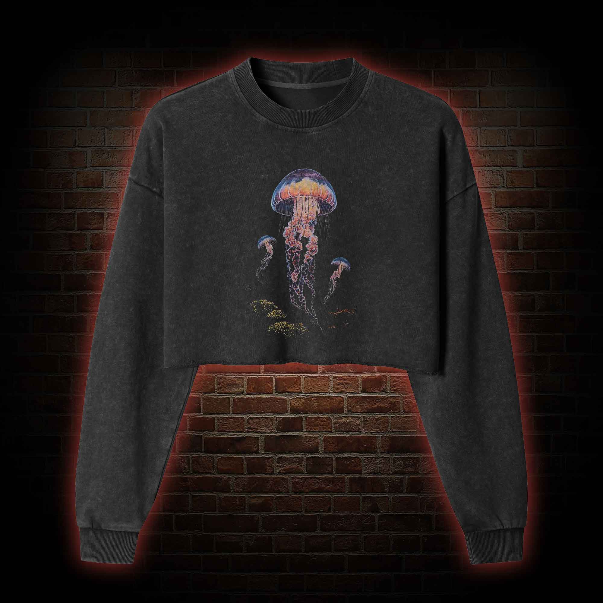 Vintage Jellyfish Dark Ocean Grunge Washed Cropped Sweatshirts