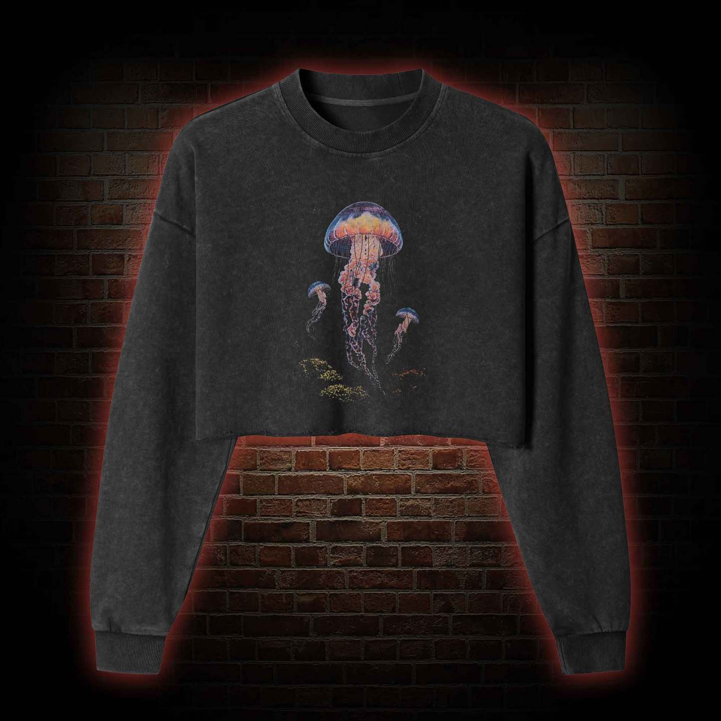 Vintage Jellyfish Dark Ocean Grunge Washed Cropped Sweatshirts