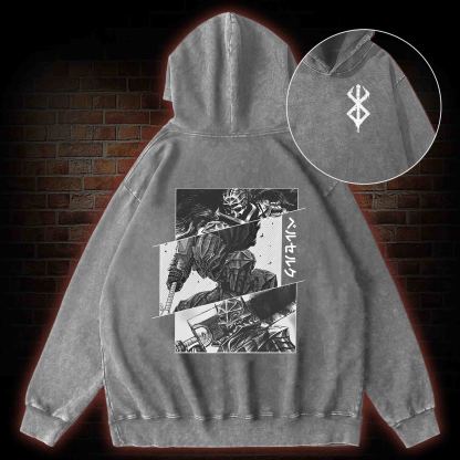 Black Swordsman Back Print Washed Hoodie