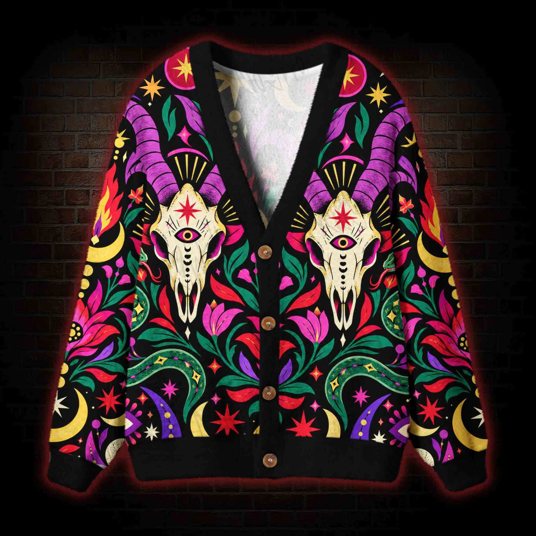 Goat Skull Folk Cardigan Sweater