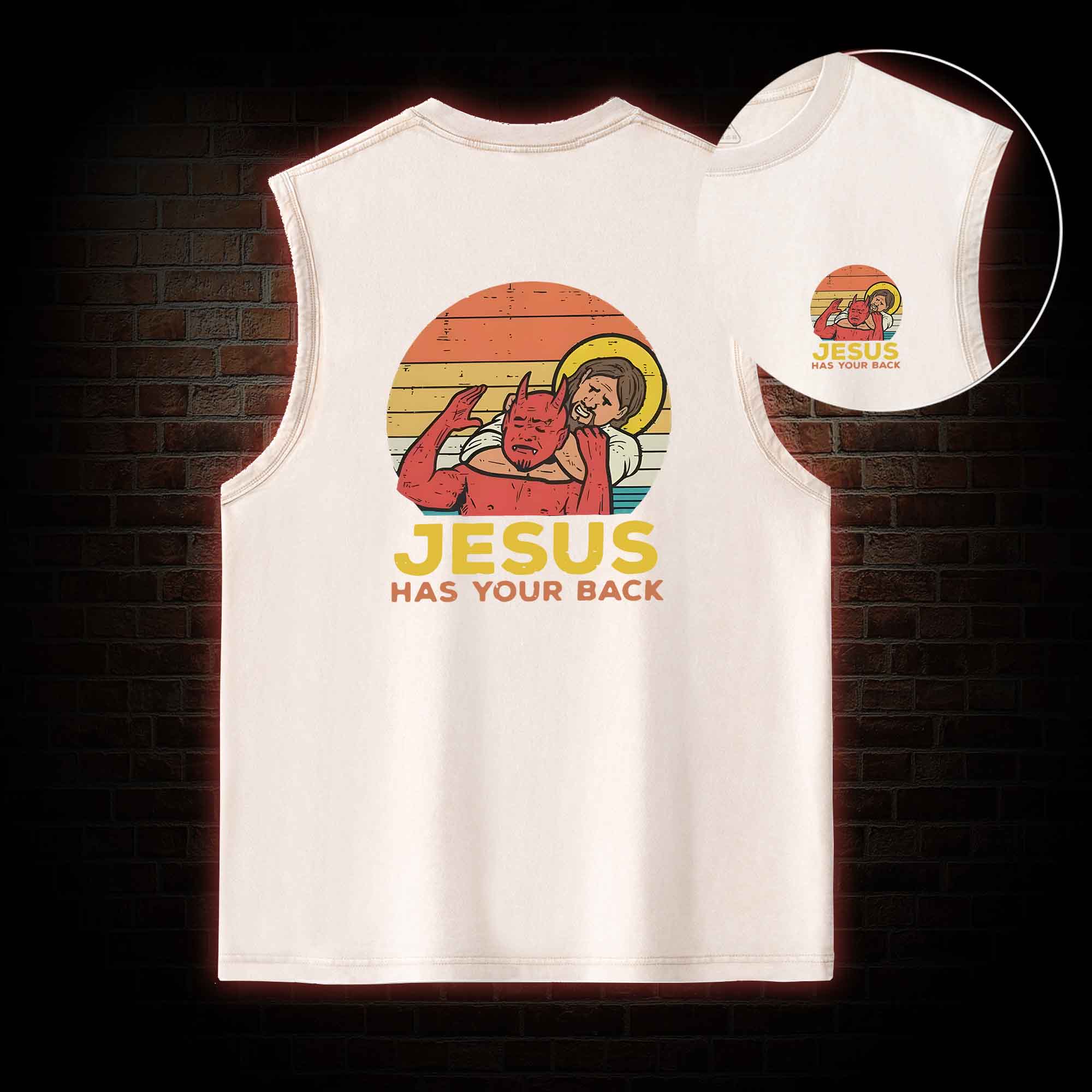 Jesus Has Your Back Back Print Washed Tank Top