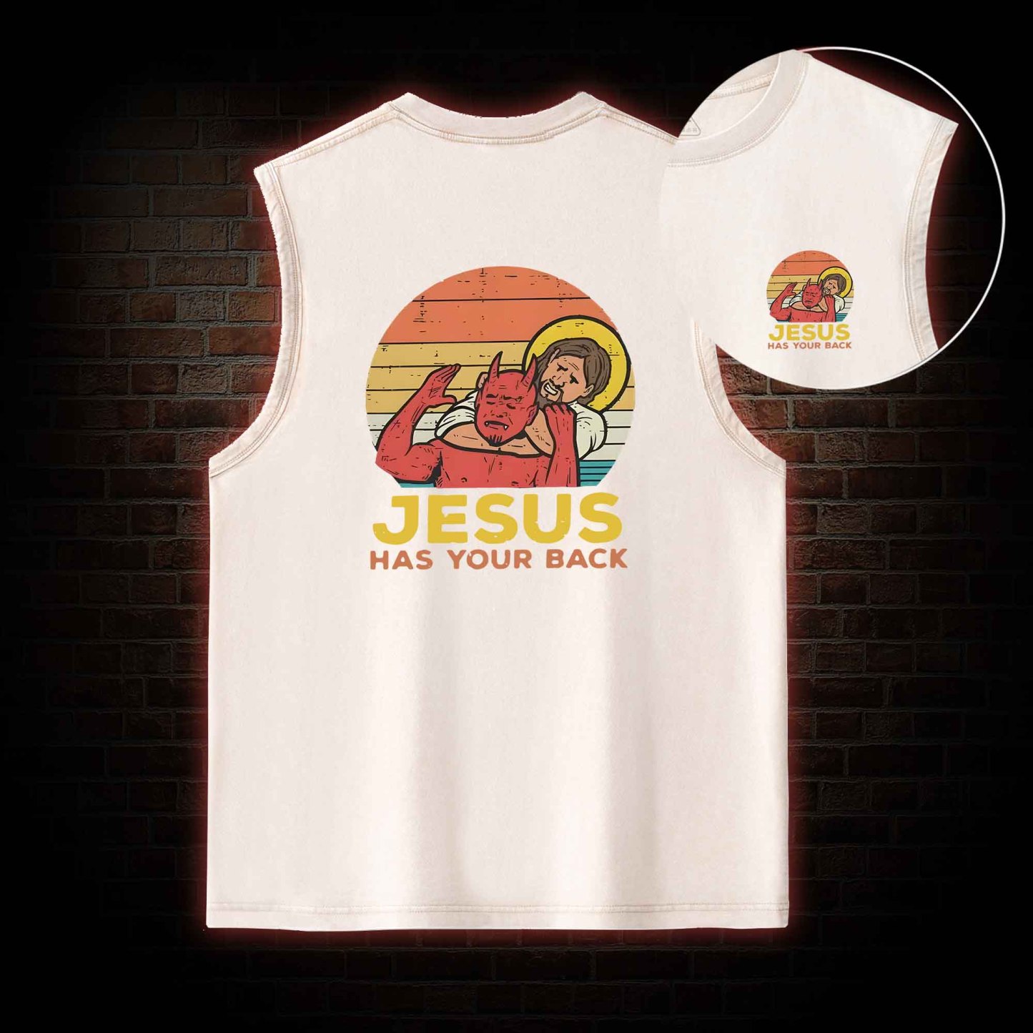 Jesus Has Your Back Back Print Washed Tank Top