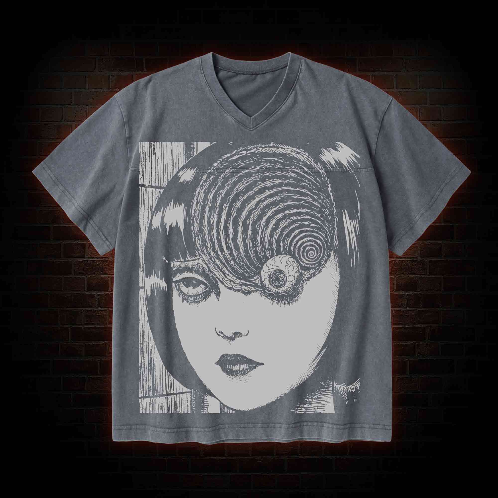 Horror Eyeball V-Neck Streetwear Washed T-shirt